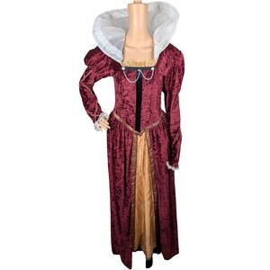 Vtg Medieval Red Crushed Velvet High Collar Costume Maxi Gown Dress Adult S/M